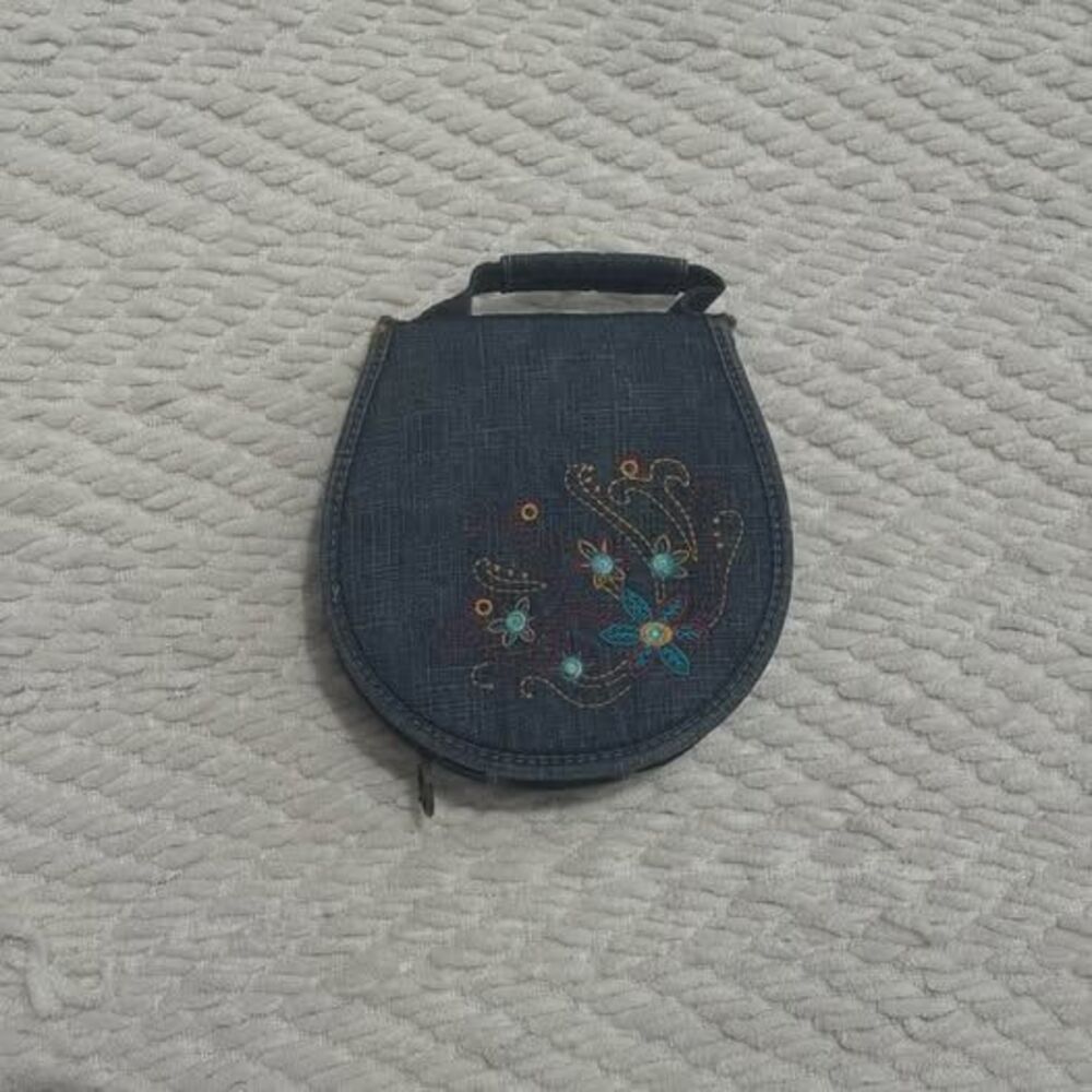 Vintage 2000s Y2K Cotton Denim Fun Embroidered Floral CD Player Carrier Case